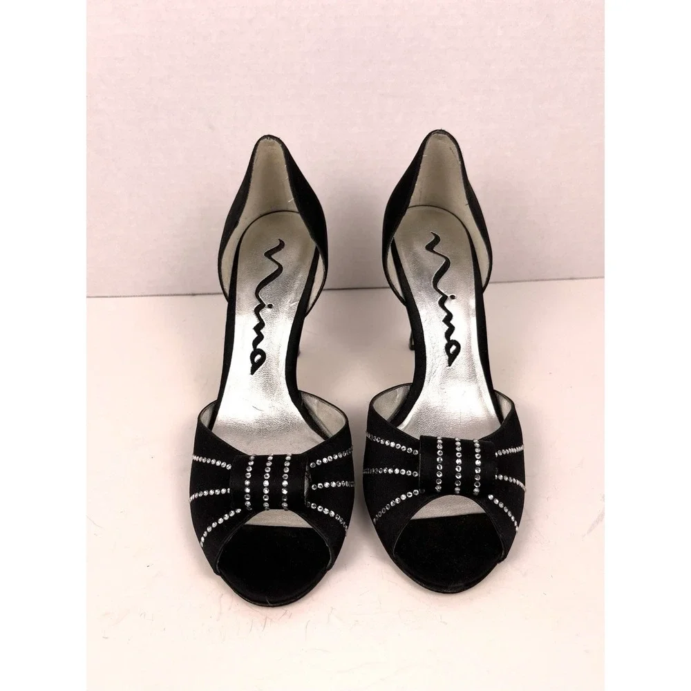 Nina New York Black Satin Platform Stiletto Heel Rhinestone Cluster Peep Toe 7.5